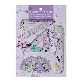 НАБОР ИЗМЕРИТЕЛЬНЫХ ИНСТРУМЕНТОВ (транспортир,линейка,два треугольника) "HappyGraphix. Котики"
Арт. 45-0017/05